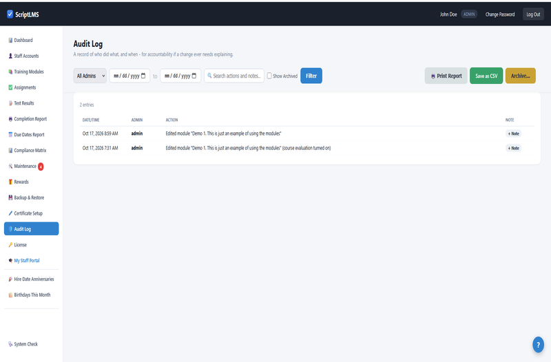 ScriptLMS Audit Log recording every admin action for compliance